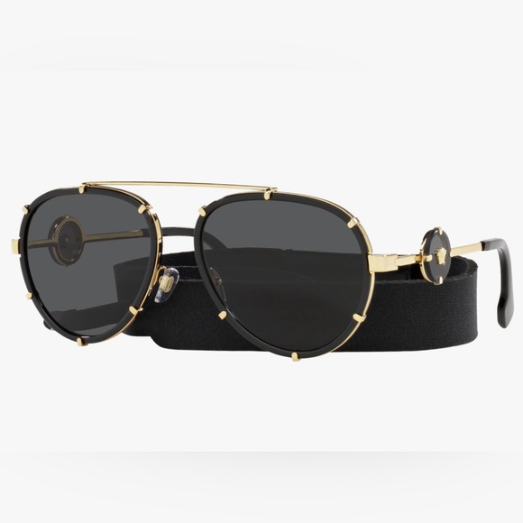 VersaceVE 2232143887 Black Metal Aviator Sunglasses Grey Lens
